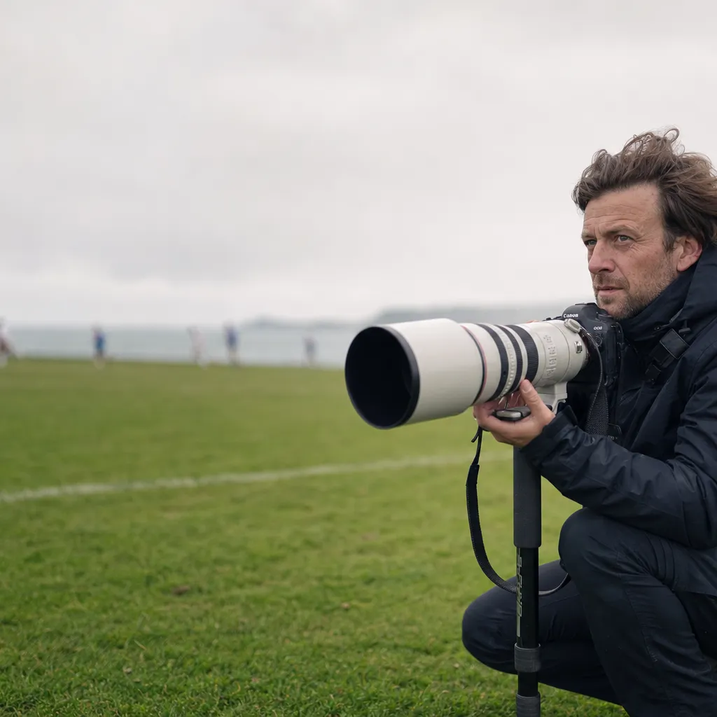 Photographe en bord de terrain au petit matin en Normandie